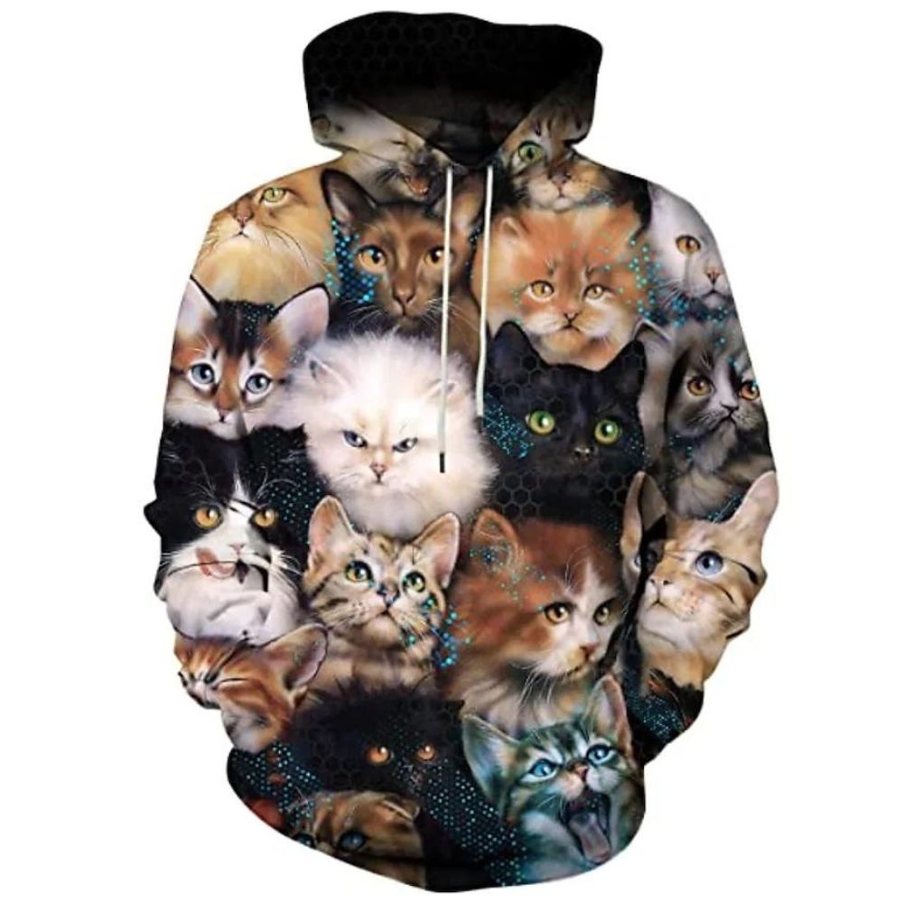 3D Graphic Printed Cotton Black Cat Hoodies